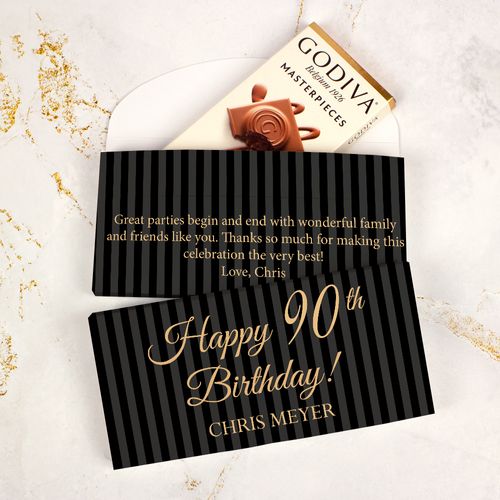 Deluxe Personalized Milestone 90th Birthday Pinstripes Godiva Chocolate Bar in Gift Box