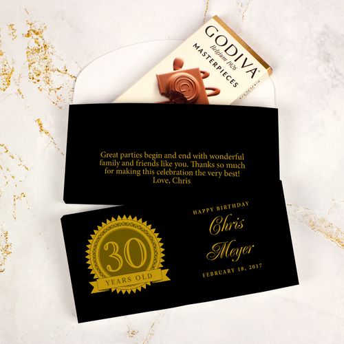 Deluxe Personalized Milestone 30th Birthday Seal Godiva Chocolate Bar in Gift Box