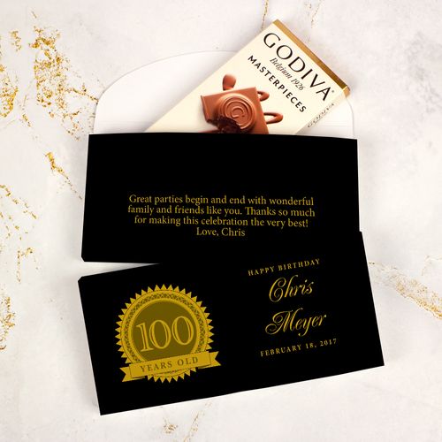 Deluxe Personalized Milestone 100th Birthday Seal Godiva Chocolate Bar in Gift Box