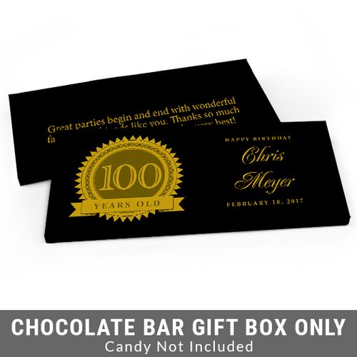 Deluxe Personalized 100th Milestones Seal Birthday Candy Bar Favor Box