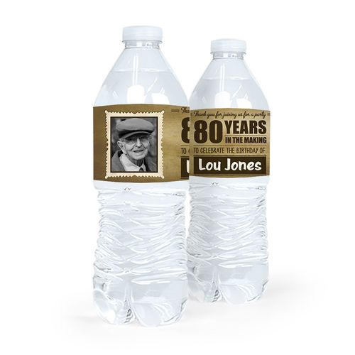 Personalized Milestones Birthday 80th Vintage Photo Water Bottle Sticker Labels (5 Labels)