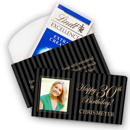 Deluxe Personalized Milestone 30th Birthday Photo Pinstripes Lindt Chocolate Bar in Gift Box (3.5oz)