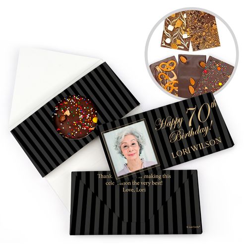 Personalized 70th Photo Pinstripes Milestone Birthday Gourmet Infused Belgian Chocolate Bars (3.5oz)