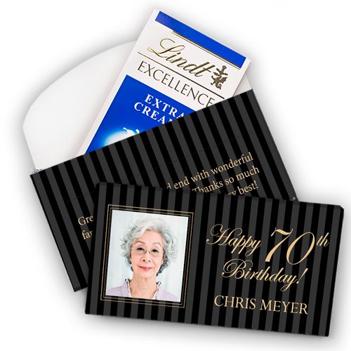 Deluxe Personalized Milestone 70th Birthday Photo Pinstripes Lindt Chocolate Bar in Gift Box (3.5oz)