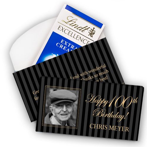 Deluxe Personalized Milestone 100th Birthday Photo Pinstripes Lindt Chocolate Bar in Gift Box (3.5oz)