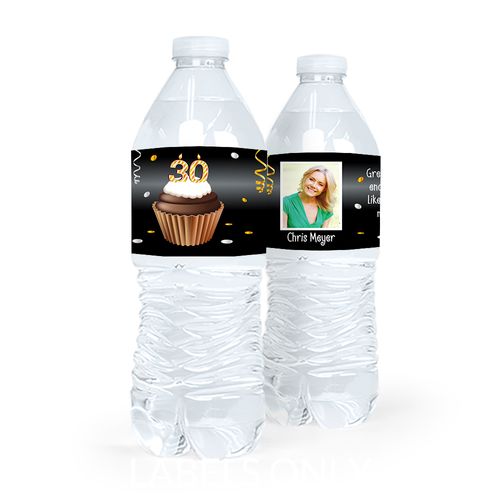 Personalized Milestones Birthday 30th Cupcake Water Bottle Sticker Labels (5 Labels)