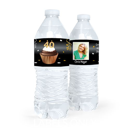 Personalized Milestones Birthday 40th Cupcake Water Bottle Sticker Labels (5 Labels)
