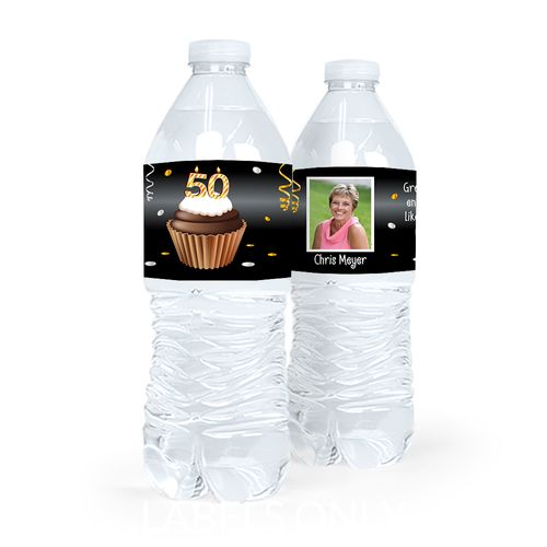 Personalized Milestones Birthday 50th Cupcake Water Bottle Sticker Labels (5 Labels)