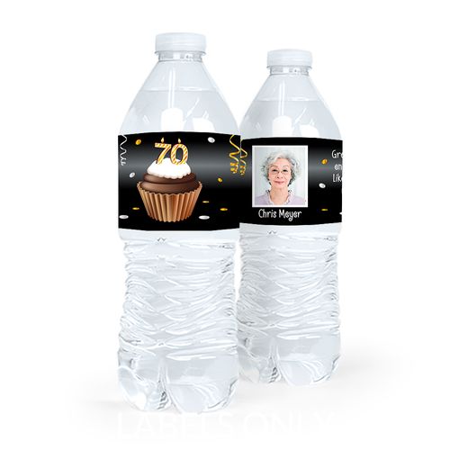 Personalized Milestones Birthday 70th Cupcake Water Bottle Sticker Labels (5 Labels)
