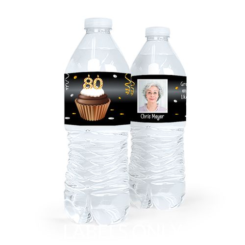 Personalized Milestones Birthday 80th Cupcake Water Bottle Sticker Labels (5 Labels)