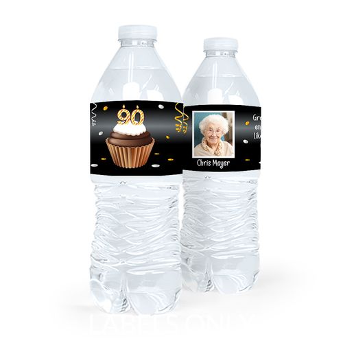 Personalized Milestones Birthday 90th Cupcake Water Bottle Sticker Labels (5 Labels)