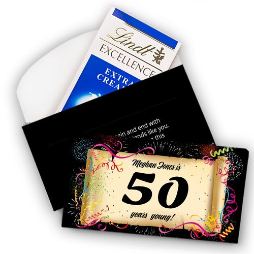 Deluxe Personalized Milestone 50th Birthday Confetti Lindt Chocolate Bar in Gift Box (3.5oz)