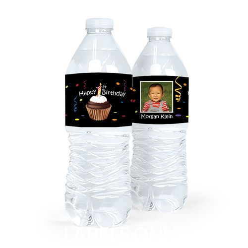 Personalized First Birthday Cupcake Water Bottle Sticker Labels (5 Labels)