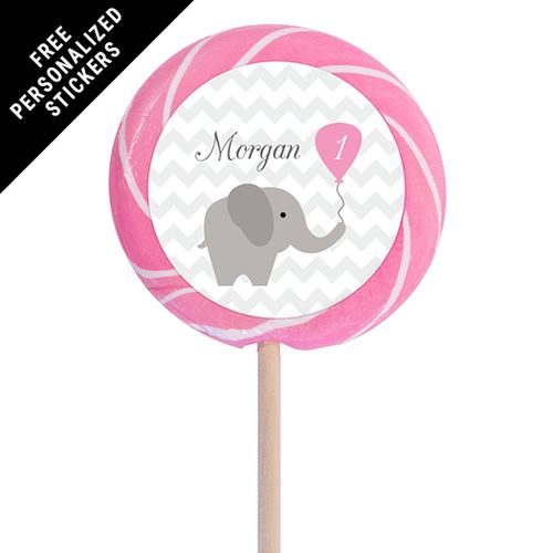 Birthday Personalized 3" Light Pink Swirly Pop Chevron Dots Elephant(12 Pack)