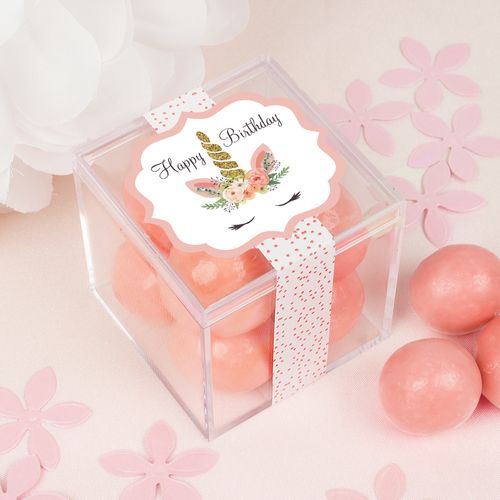 Personalized Birthday Whimsical Unicorn Sweet Candy in a Cube with Premium Malted Milk Balls