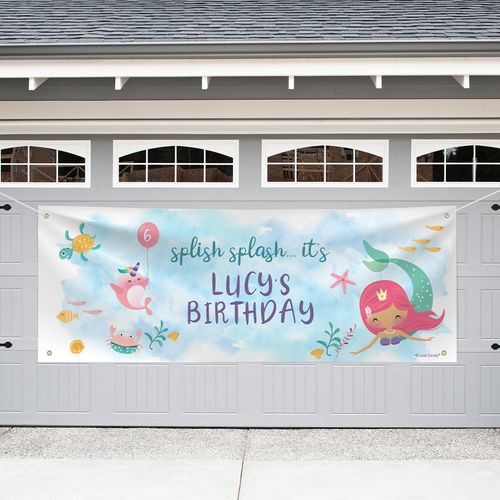 Personalized Mermaid Birthday Garage Banner - Watercolor Mermaid
