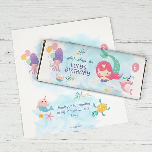 Personalized Kids Birthday - Watercolor Mermaid Chocolate Bar Wrappers