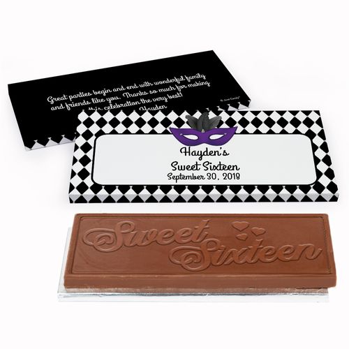 Deluxe Personalized Harlequin Masquerade Sweet 16 Birthday Chocolate Bar in Gift Box