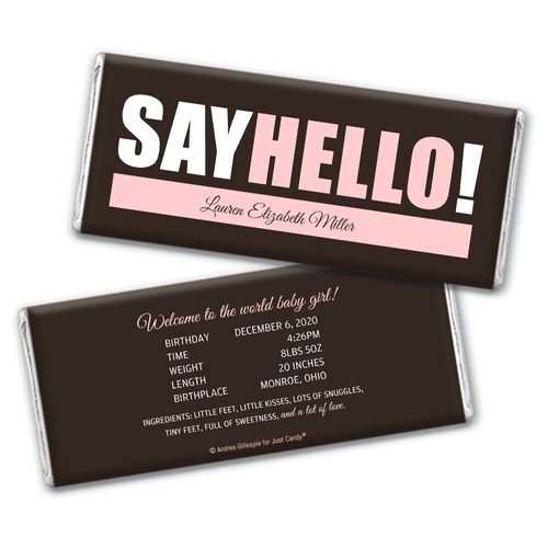 Personalized Say Hello! Baby Girl Birth Announcement Hershey's Chocolate Bar Wrappers