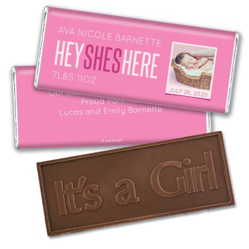 Personalized She's Here! Baby Girl Birth Announcement Hershey's Embossed Chocolate Bar & Wrapper