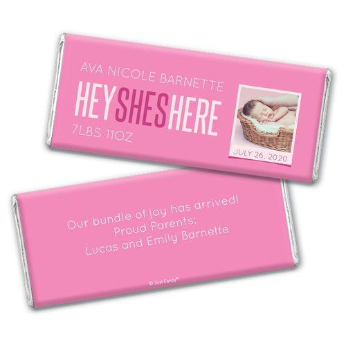 Personalized She's Here! Baby Girl Birth Announcement Hershey's Chocolate Bar & Wrapper