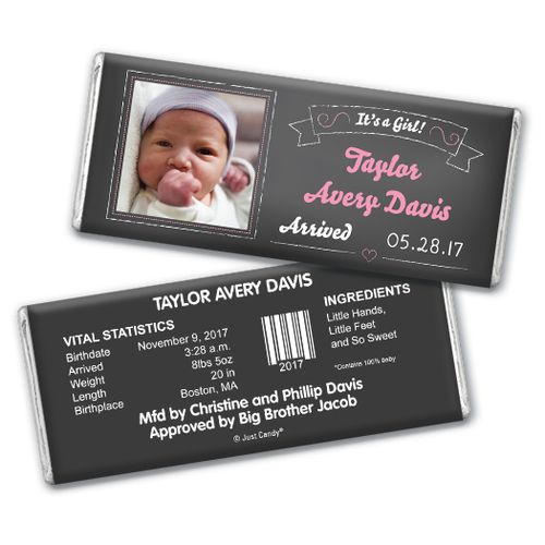 Baby Girl Announcement Personalized Chocolate Bar Chalkboard Photo