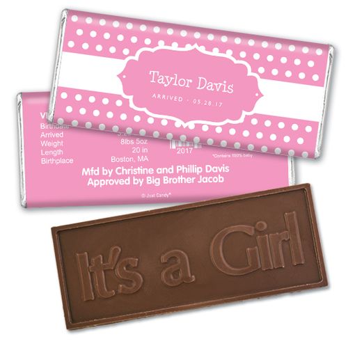 Baby Girl Announcement Personalized Embossed Chocolate Bar Tiny Dots