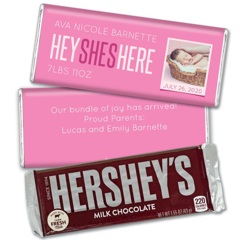 Personalized She's Here! Baby Girl Birth Announcement Party Hershey's 