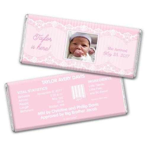 Baby Girl Announcement Personalized Chocolate Bar Pinstripes and Lace Photo