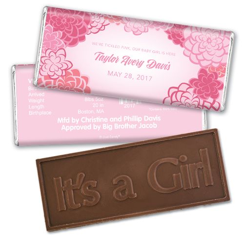 Baby Girl Announcement Personalized Embossed Chocolate Bar Pink Flowers