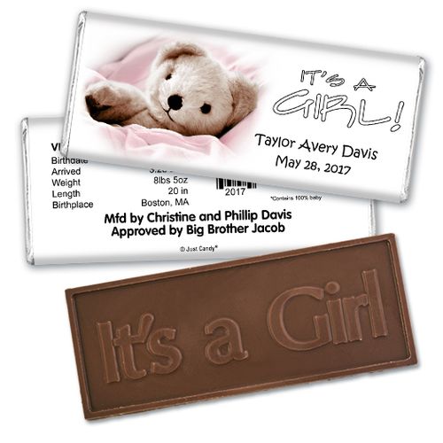 Baby Girl Announcement Personalized Embossed Chocolate Bar It's a Girl! Teddy Bear