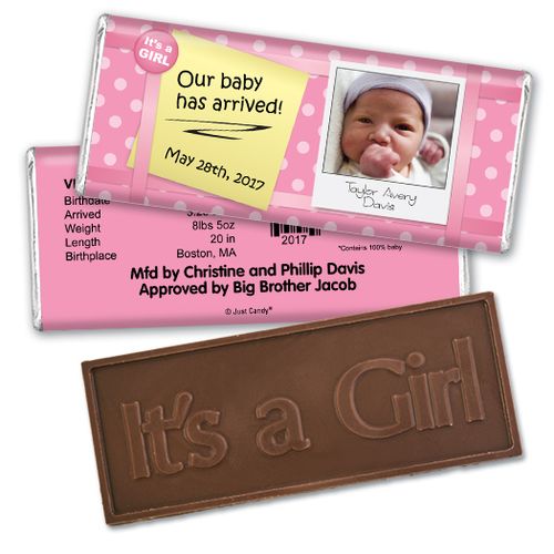 Baby Girl Announcement Personalized Embossed Chocolate Bar She's Arrived Polka Dots Photo