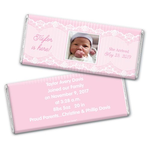 Baby Girl Announcement Personalized Chocolate Bar Pinstripes and Lace Photo