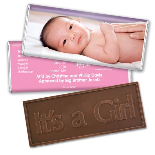 Baby Girl Announcement Personalized Embossed Chocolate Bar Full Photo