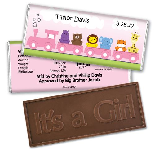 Baby Girl Announcement Personalized Embossed Chocolate Bar Her Zoo Train Safari Animals
