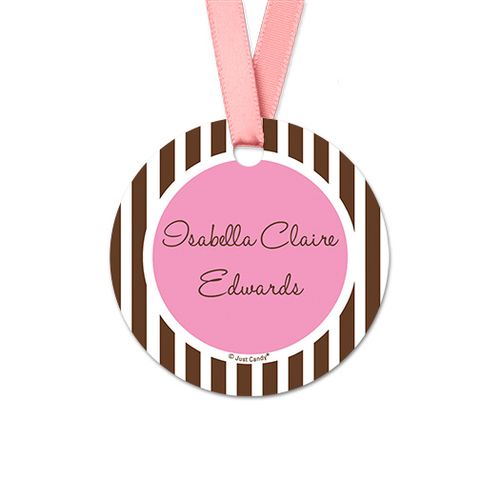 Personalized Stripes Baby Girl Announcement Round Favor Gift Tags (20 Pack)