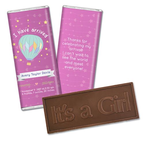Personalized Girl Birth Announcement I Have Arrived Embossed Chocolate Bar & Wrapper