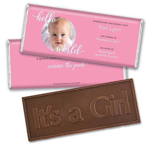 Personalized Hello World Baby Girl Birth Announcement Hershey's Embossed Chocolate Bar & Wrapper