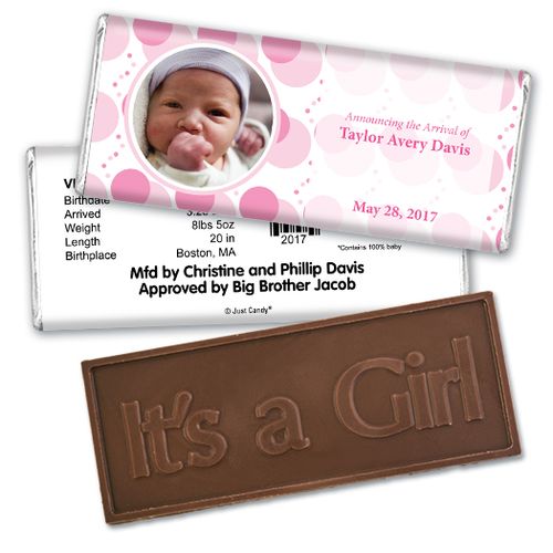 Hey Baby PinkEmbossed It's a Girl Bar Personalized Embossed Chocolate Bar Assembled