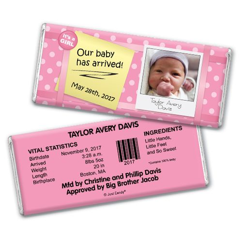 Baby Girl Announcement Personalized Chocolate Bar She's Arrived Polka Dots Photo