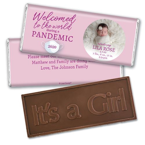 Personalized Pandemic Baby Girl Birth Announcement Embossed Chocolate Bars