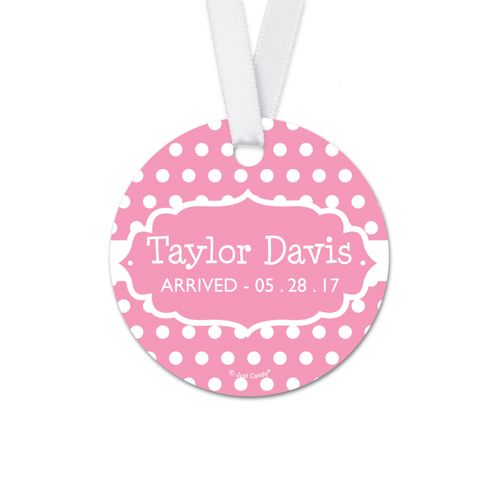 Personalized Baby Girl Tiny Dots Announcement Round Favor Gift Tags (20 Pack)