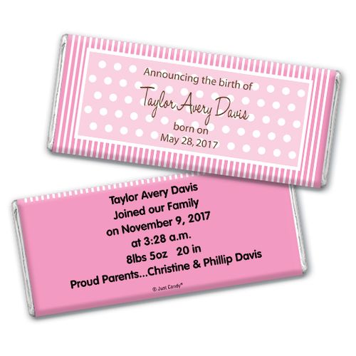 Baby Girl Announcement Personalized Chocolate Bar Dots & Pinstripes