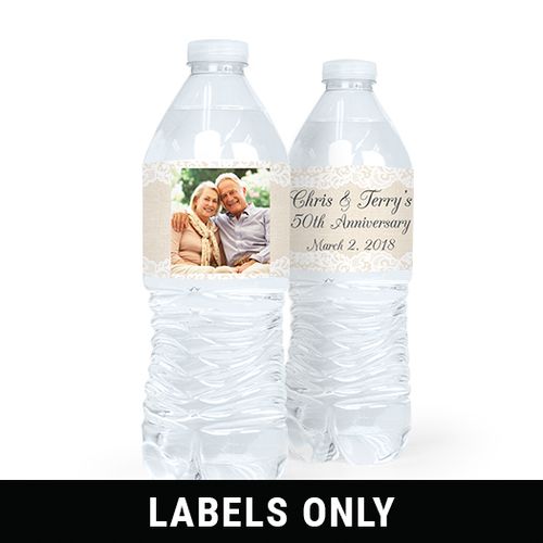 Personalized Anniversary Burlap & Lace Water Bottle Sticker Labels (5 Labels)