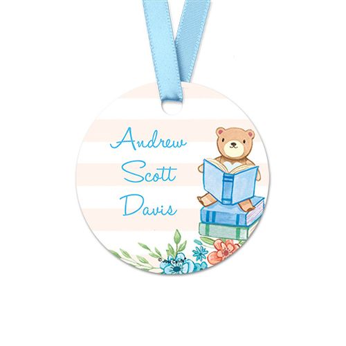 Personalized Reading Bear Baby Boy Announcement Round Favor Gift Tags (20 Pack)