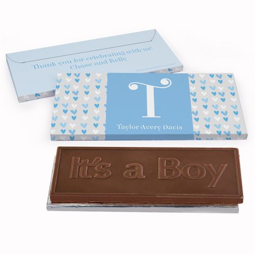 Deluxe Personalized Blue Hearts Baby Boy Announcement Chocolate Bar in Gift Box