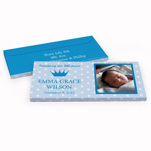 Deluxe Personalized Polka Dots & Crown Baby Boy Announcement Chocolate Bar in Gift Box