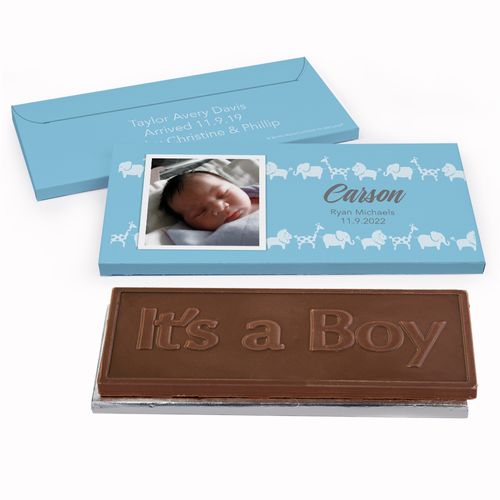 Deluxe Personalized Birth Announcement Animal Parade Embossed Chocolate Bar in Gift Box