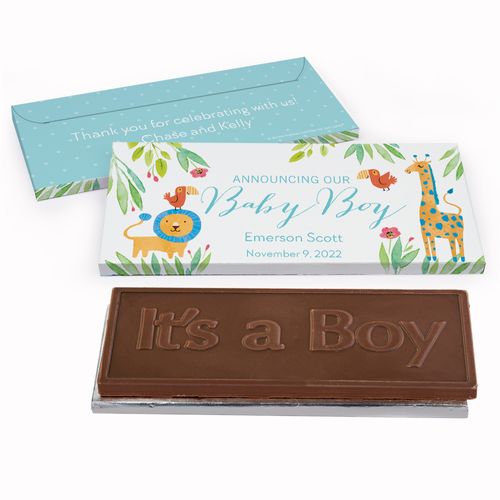 Deluxe Personalized Safari Snuggles Baby Boy Announcement Chocolate Bar in Gift Box