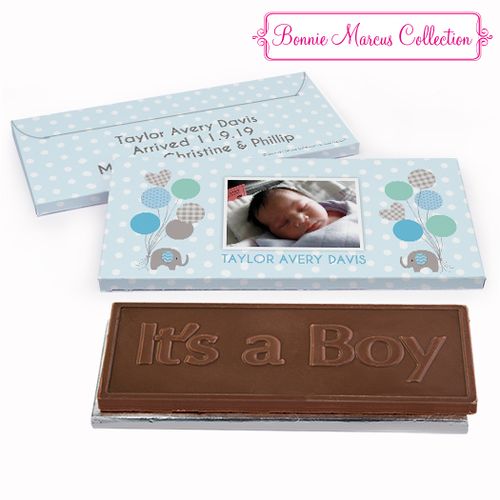Deluxe Personalized Birth Announcement Baby Elephants Embossed Chocolate Bar in Gift Box